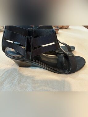 Jasmine Black Elastic Strappy Wedge Sandals